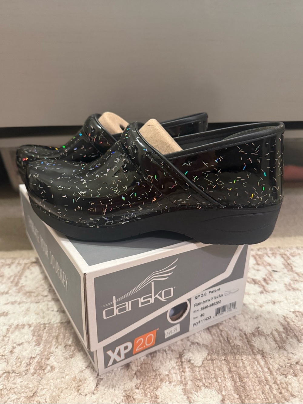 Dansko XP 2.0 Black Patent Holographic Confetti Clogs